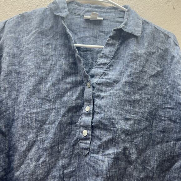 Pure J. Jill Linen Pullover Button Front Henley Tunic Blouse Roll Tab Sleeves XS - Picture 2 of 7